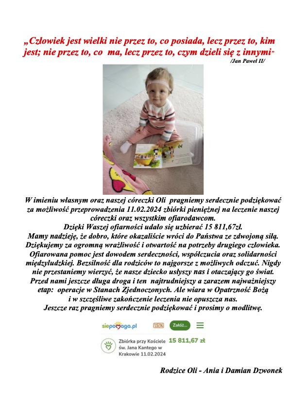 Podziękowanie za zbiórkę przy kościele św.Jana Kantego w Krakowie